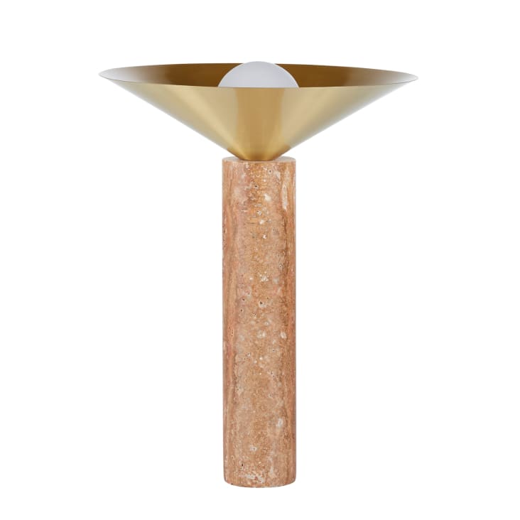Terracotta travertijn tafellamp met gouden metalen lampenkap en glazen bol-Oreli