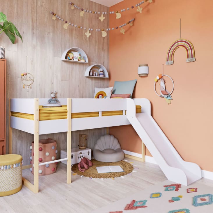 Cama cabaña infantil sobreelevada de 90x190 en blanco y beige Safari