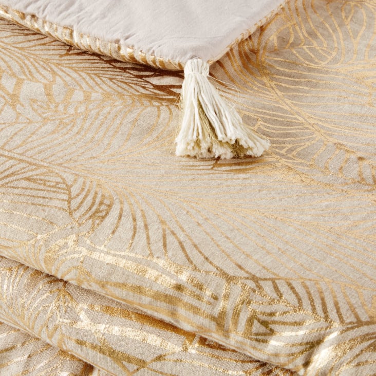 Trapunta in lino e cotone beige con stampa a foglie dorate 100x200 cm-SALMA cropped-4