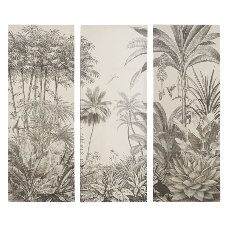 Triptychon mit gedruckten Leinwandbildern, Dschungel, schwarz und beige, 45x120cm-PARADISE