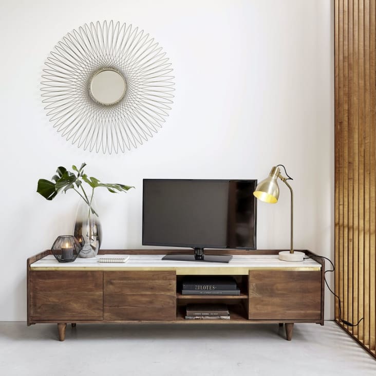 Tv-meubel van massief acaciahout en wit marmer met 3 deurtjes-Cappuccino ambiance-11