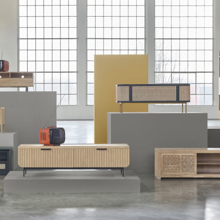 TV-Möbel im Industrial-Stil mit 1 Schublade und 2 Türen aus Tannenholz und Metall-Harvey ambiance-4