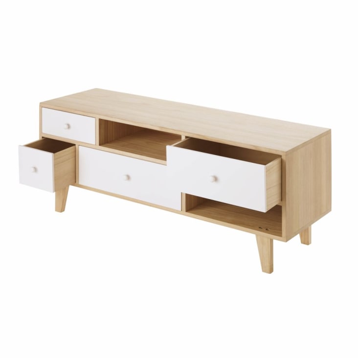 TV-Möbel im skandinavischen Stil mit 4 Schubladen aus weißem Paulownienholz-Spring cropped-2