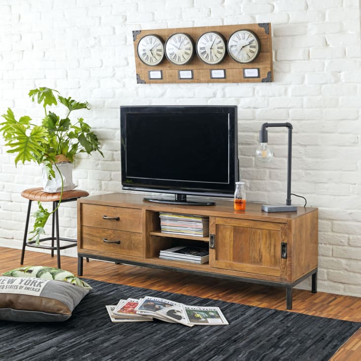 TV-Möbel mit 1 Tür und 2 Schubladen aus massivem Mangoholz und schwarzem Metall-Hipster ambiance-9