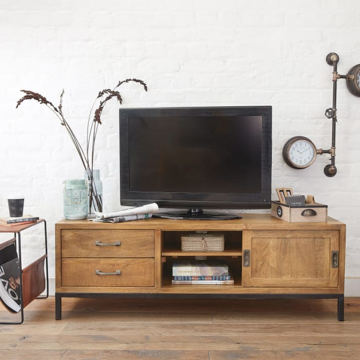 TV-Möbel mit 1 Tür und 2 Schubladen aus massivem Mangoholz und schwarzem Metall-Hipster ambiance-8