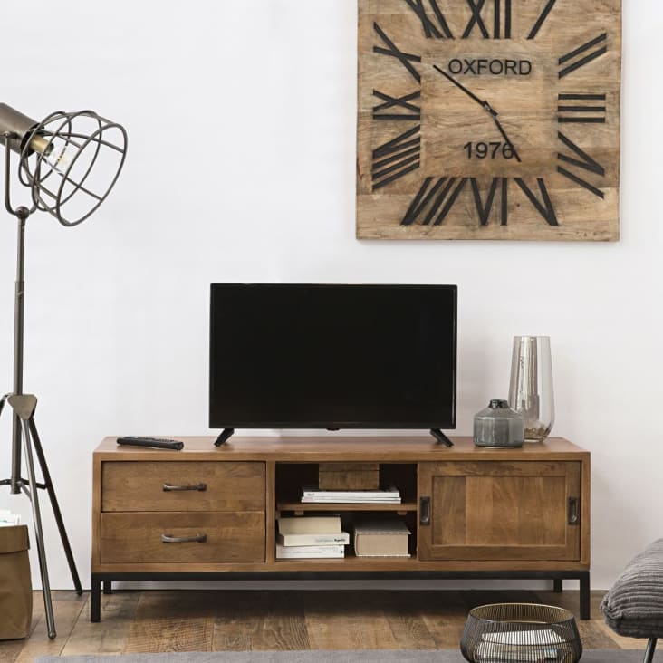 TV-Möbel mit 1 Tür und 2 Schubladen aus massivem Mangoholz und schwarzem Metall-Hipster ambiance-7