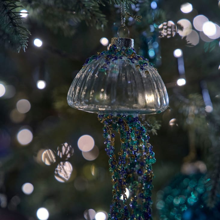 Weihnachtliche Hängedeko Quallen-Figur aus Glas mit Glitzer, blau und ...