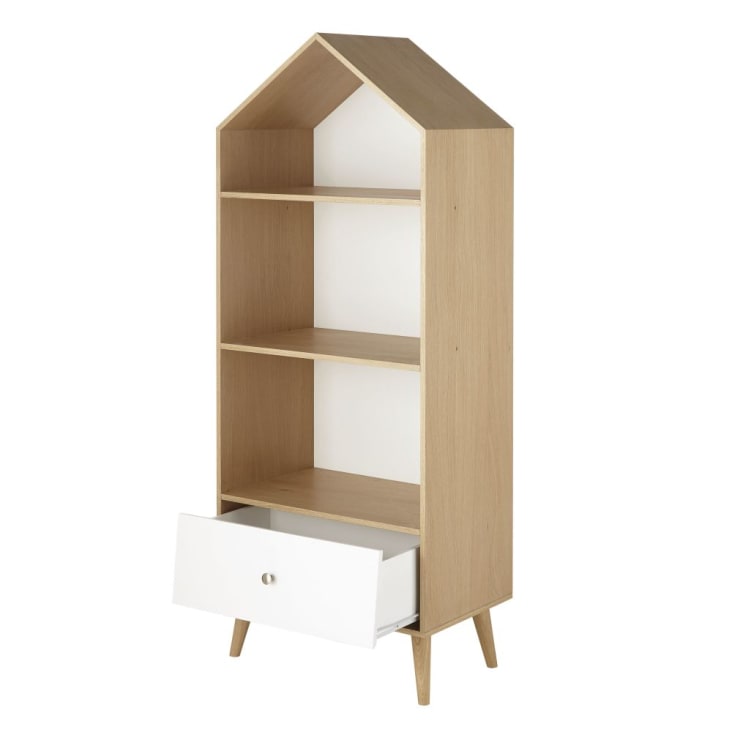 Witte boekenkast huis met 2 plankjes en 1 lade-Eliot cropped-2