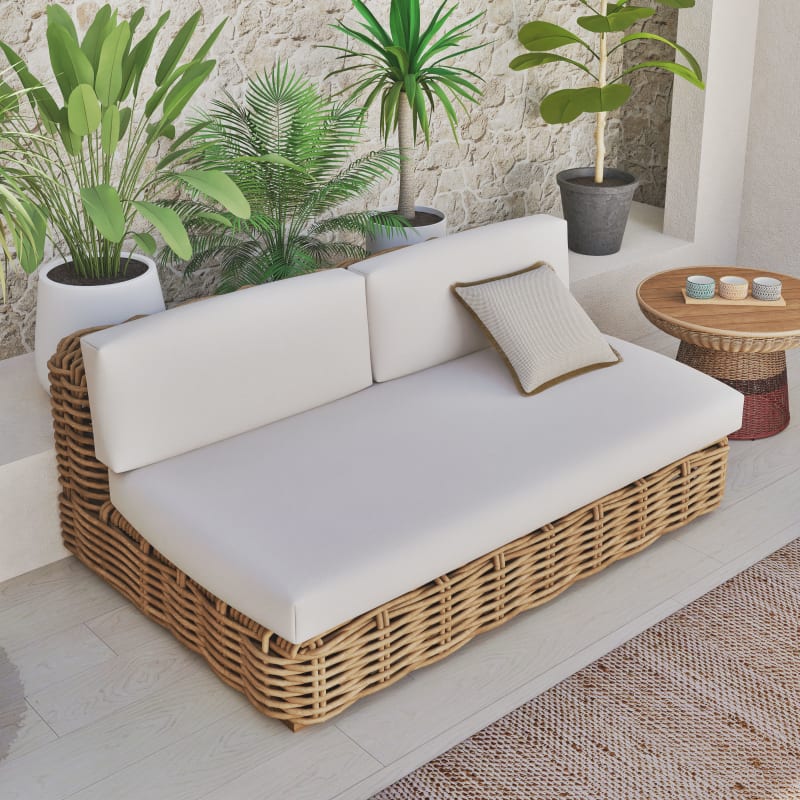 Banquette pour canapé de jardin modulable en rotin et coussins écrus - miniature 6