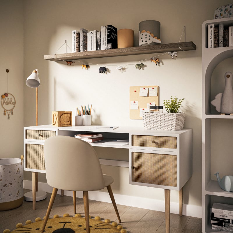 Bureau enfant bicolore 2 portes 2 tiroirs cannage en rotin - miniature 8