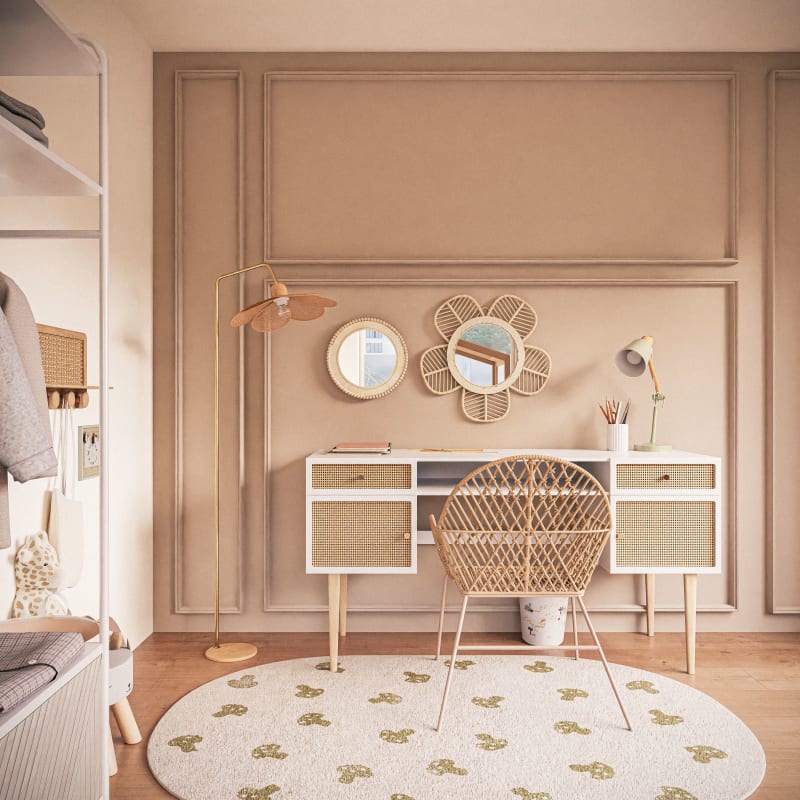 Bureau enfant bicolore 2 portes 2 tiroirs cannage en rotin - miniature 6