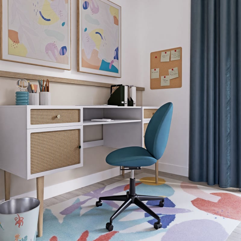 Bureau enfant bicolore 2 portes 2 tiroirs cannage en rotin - miniature 10