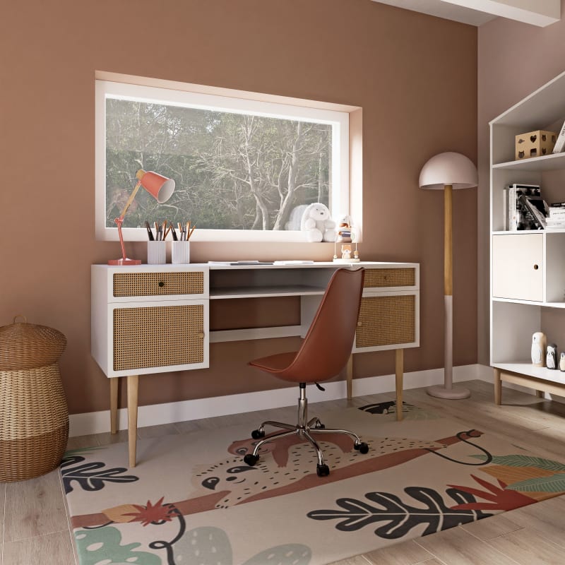 Bureau enfant bicolore 2 portes 2 tiroirs cannage en rotin - miniature 9