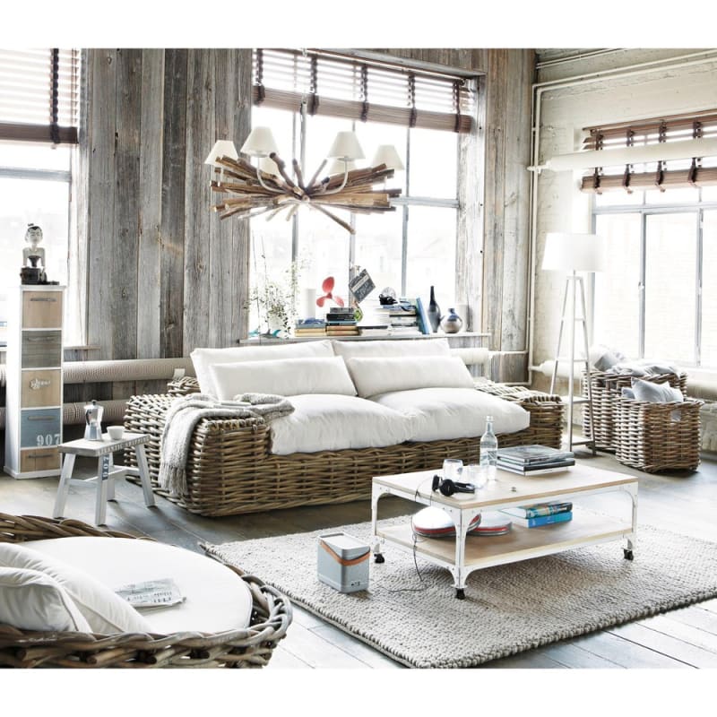 Canapé 3/4 places en rotin et coussins écrus - miniature 7