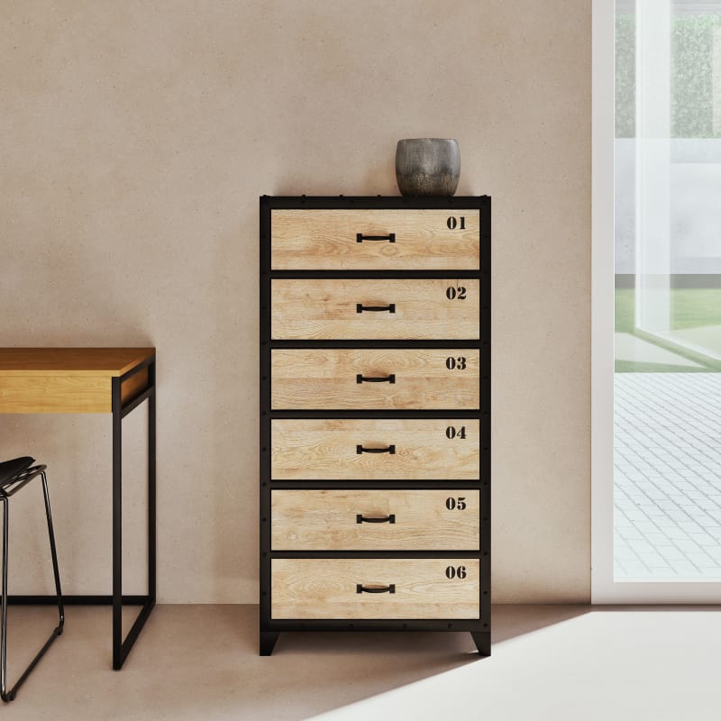 Chiffonier industriel 6 tiroirs en métal noir et bois de sapin - miniature 5