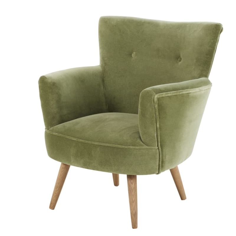 Fauteuil en velours vert kaki effet vieilli