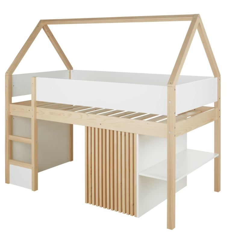 Lit cabane surelevé enfant 90x190 blanc et beige - miniature 3