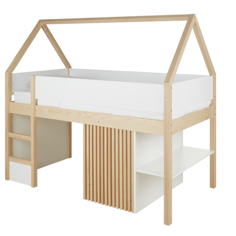 Lit cabane surelevé enfant 90x190 blanc et beige - miniature 4