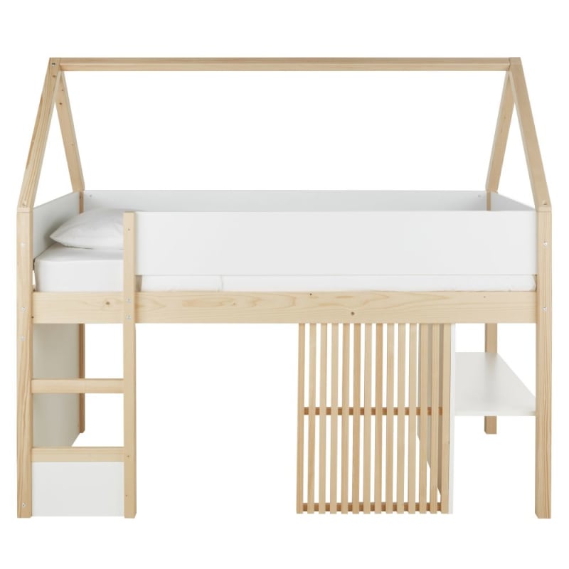 Lit cabane surelevé enfant 90x190 blanc et beige - miniature 5