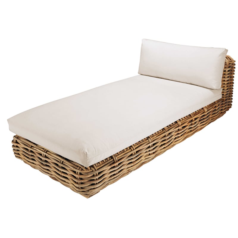 Méridienne pour canapé de jardin modulable en rotin et coussins écrus