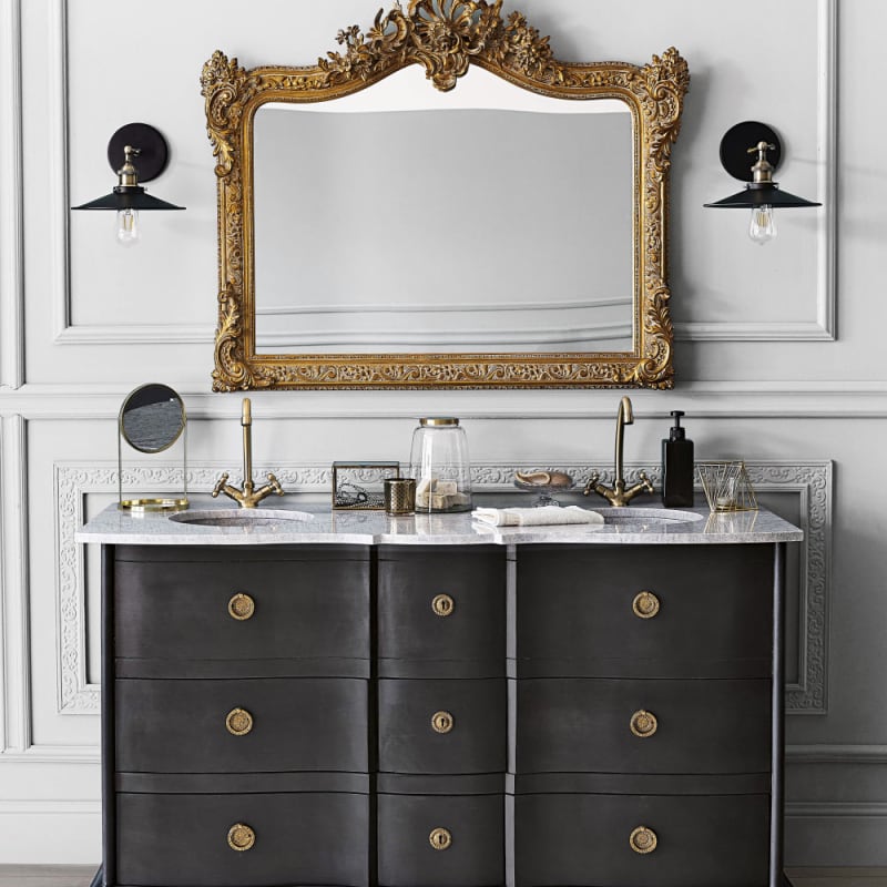 Meuble double vasque en manguier noir et pierre - miniature 5