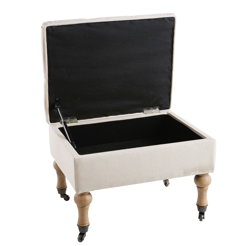 Pouf coffre capitonné à roulettes en lin et coton écrus - miniature 3