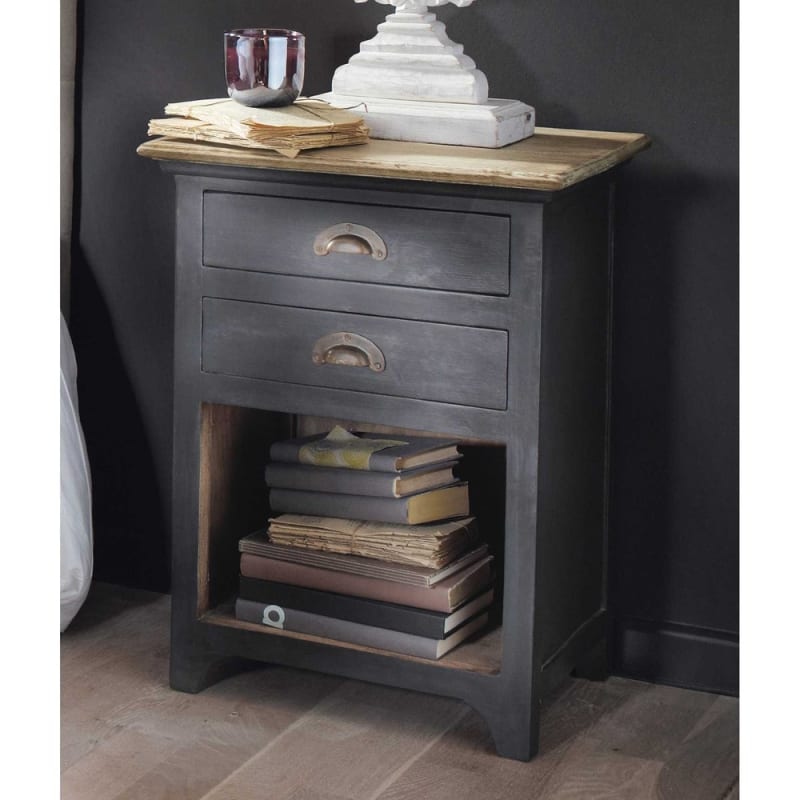 Table de chevet 2 tiroirs en manguier gris - miniature 9