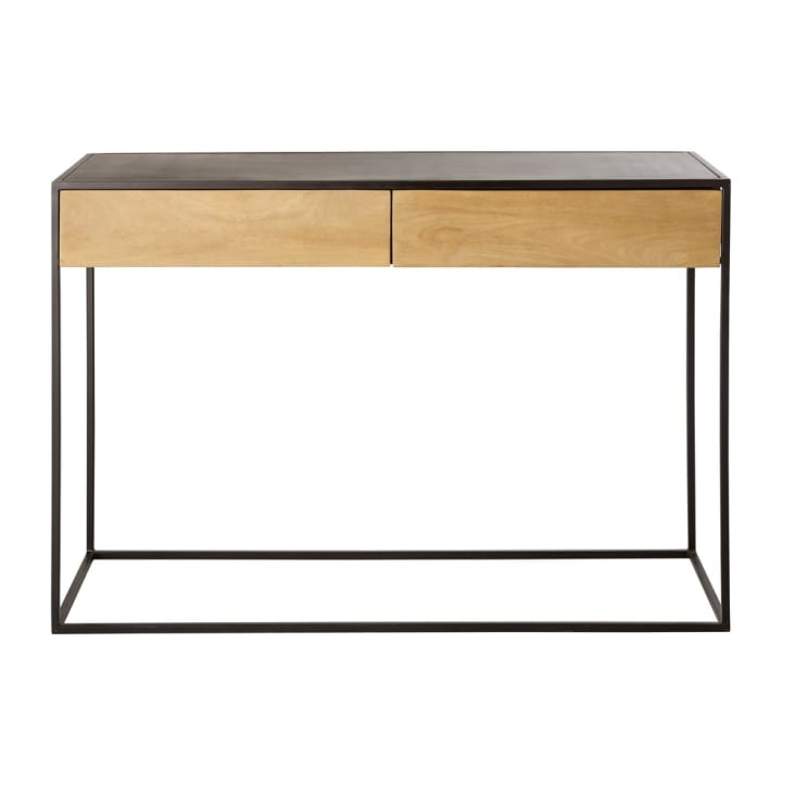 PADMA HOUSE Console Meuble en Bois Massif avec 2 tiroirs Table Console avec étagère de Console d'entrée de Hall d'entrée étroite pour 2 Niveaux Table d' entrée de Salon (Noir