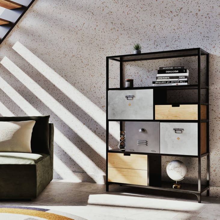 Libreria Industriale Alta Con 3 Cassetti In Tessuto - 170x40x50 Cm, Marrone Vintage, Per Soggiorno