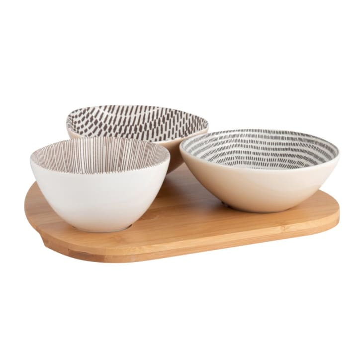 Set Apéritif Avec Plateau Et 3 Bols En Bambou Et Céramique - Noir/Beige