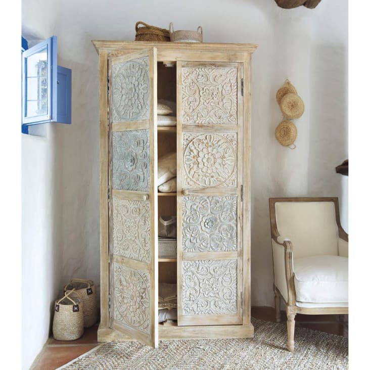 Schrank aus massivem Mangoholz B 100cm weiB silbern Annapurna