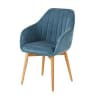 Fauteuil de table bleu et pieds en bois de chêne