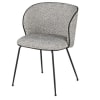 Stuhl mit grauem Bezug aus recyceltem Polyester und Leinen und Beinen aus schwarzem Metall