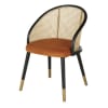 Cadeira com apoios para braços em veludo castanho-alaranjado e palhinha de rattan