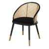 Cadeira com apoios para braços em veludo preto e palhinha de rattan