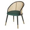 Cadeira com apoios para braços em veludo verde e palhinha de rattan