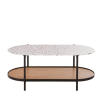Table basse 2 plateaux en verre trempé imitation terrazzo, effet bois clair et métal noir L110