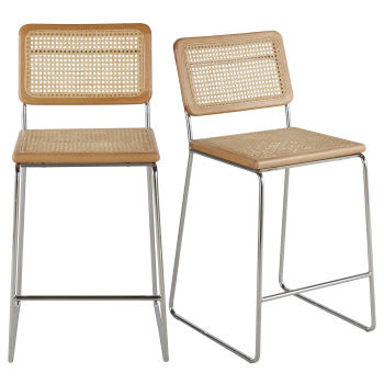 2 Barstühle aus Rattangeflecht und silberfarbenem Metall, H65cm