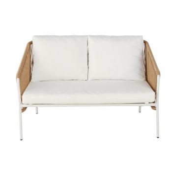 Arun - 2-Sitzer-Gartensofa aus Kunstharz in Beige und aus weißem Metall