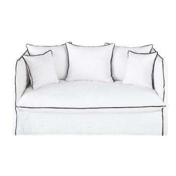 Louvain - 2-Sitzer-Sofa mit Bezug aus gewaschenem Leinen, weiß mit schwarzen Volants