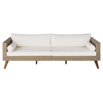 Feroe - 3/4-Sitzer-Garten-Sofa aus Kunstharzgeflecht, beige, ecrufarbene Kissen
