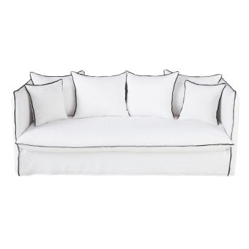 Louvain - 3/4-Sitzer-Sofa aus gewaschenem Leinen, weiß mit schwarzen Volants