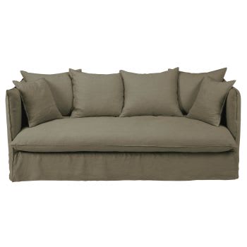 Louvain - 3/4-Sitzer-Sofa mit khakifarbenem Leinen-Crinkle-Bezug