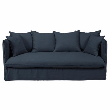 Louvain - 3/4-Sitzer-Sofa mit nachtblauem Leinen-Crinkle-Bezug