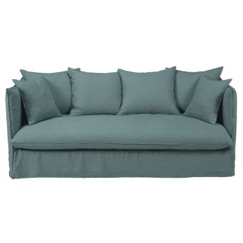 Louvain - 3/4-Sitzer-Sofa mit seladonblauem Leinen-Crinkle--Bezug