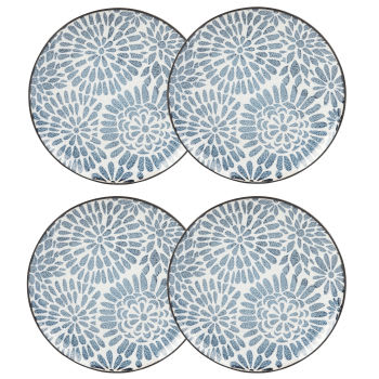 4 piatti da dessert in gres bianco con motivi grafici blu