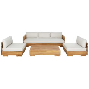 5-Sitzer-Gartenmöbel aus Akazienholz und beige-grauem recycelten Polyester