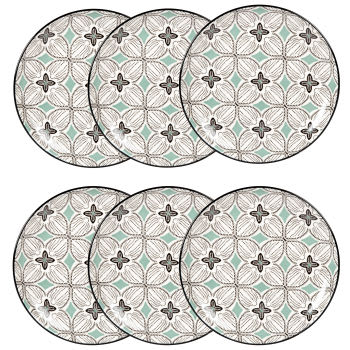 MELIDES - Lotto di 6 - 6 piatti da dessert in gres con motivi grafici grigio blu, verdi e bianchi