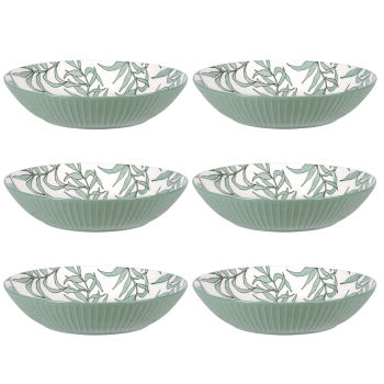 EVORA - Lotto di 6 - 6 piatti fondi in porcellana bianca con motivo vegetale verde