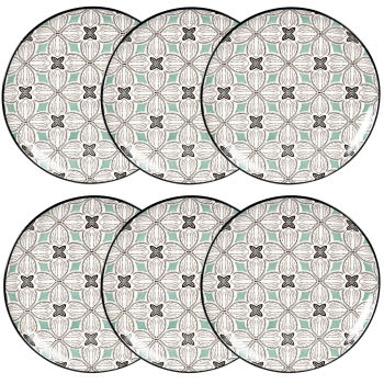MELIDES - Lotto di 6 - 6 piatti piani in gres con motivi grafici grigio blu, verdi e bianchi